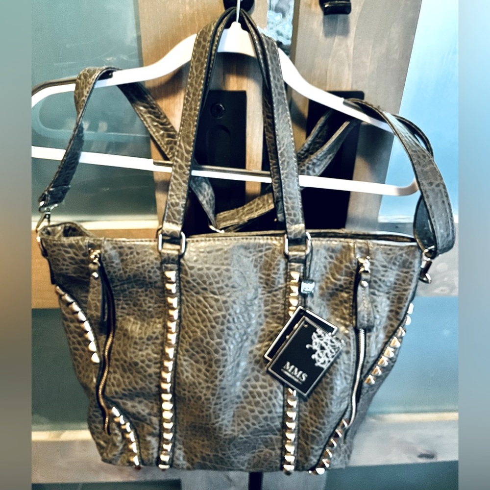 MMS gold stud large zipper tote with shoulder strap … Grey NWT